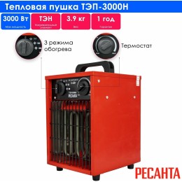 Тепловая электрическая пушка Ресанта ТЭП-3000Н 67/1/18 { 3000/1500 Вт, 220/230 В, 3.2 кг }